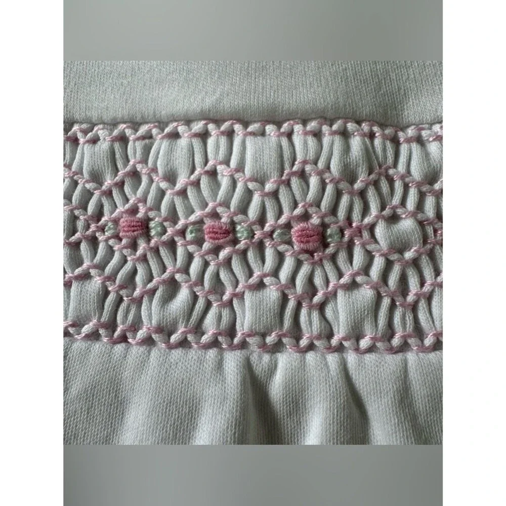 Kissy Kissy Hand Smocked CLB Charmed, White & Pink footie - size 9m